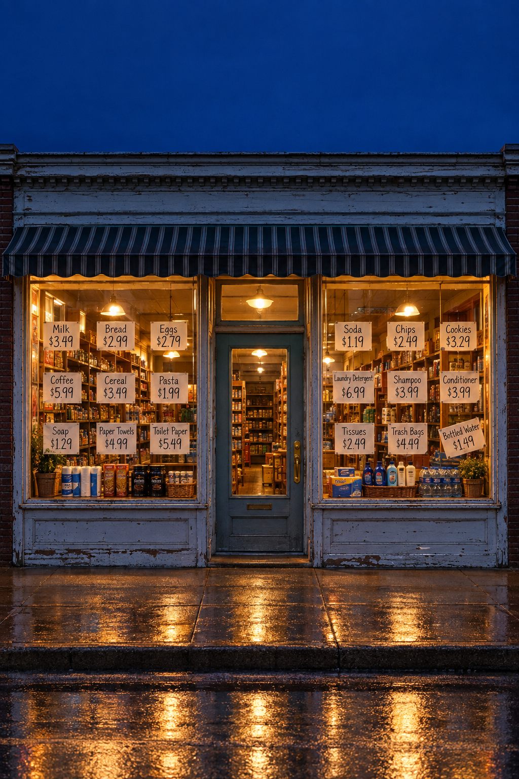A lit shop window on a small-town main street at dusk, price cards hand-written and taped inside the glass, the wet sidewalk reflecting the light.