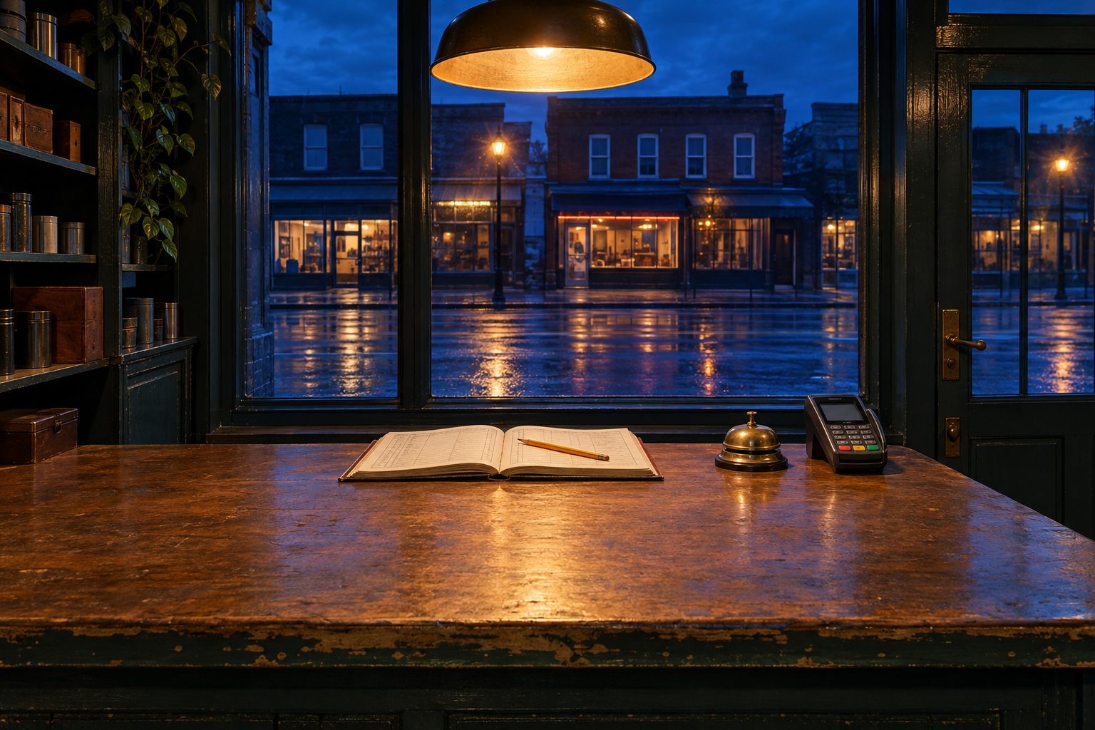 A shop counter at closing time, an open job book with a pencil across it, a brass bell, and the dark street through the window behind.