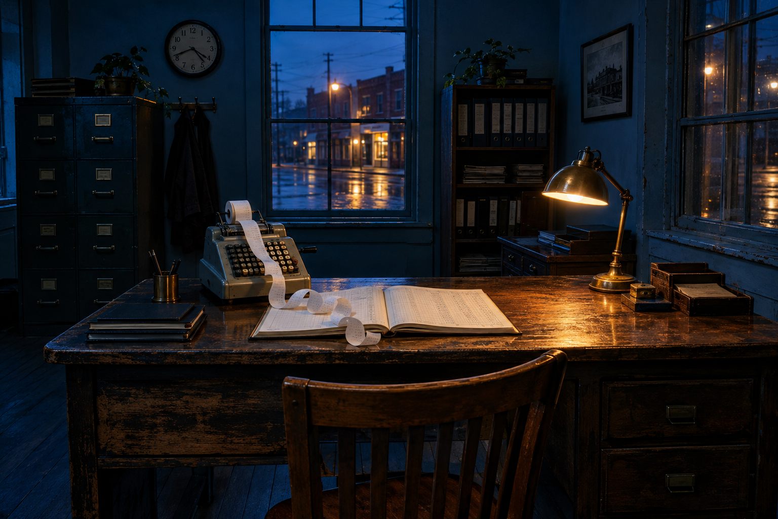 A small back office at closing time, an adding-machine tape curling across an open ledger under one desk lamp.