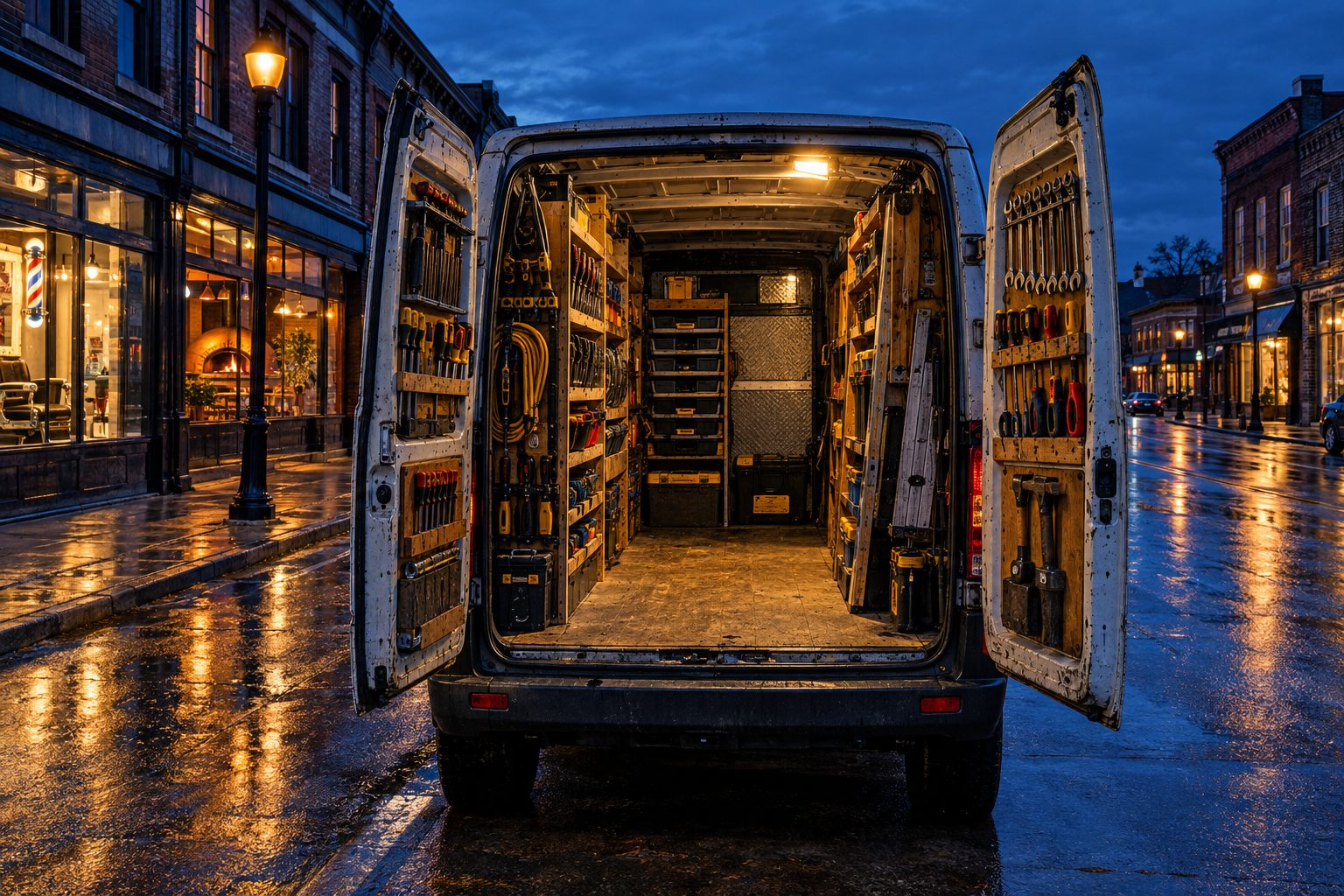 The open back doors of a loaded work van at a job at dusk, tools racked in neat rows, one work lamp throwing light onto wet tarmac.